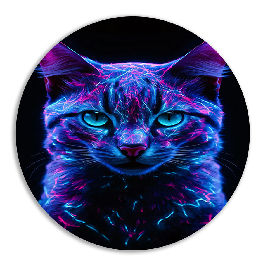 Adembenemend neon kat portret in kleuren aluminium muurcirkel
