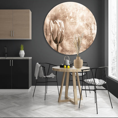 Minimalistische sepia lijntekening van tulp aluminium muurcirkel