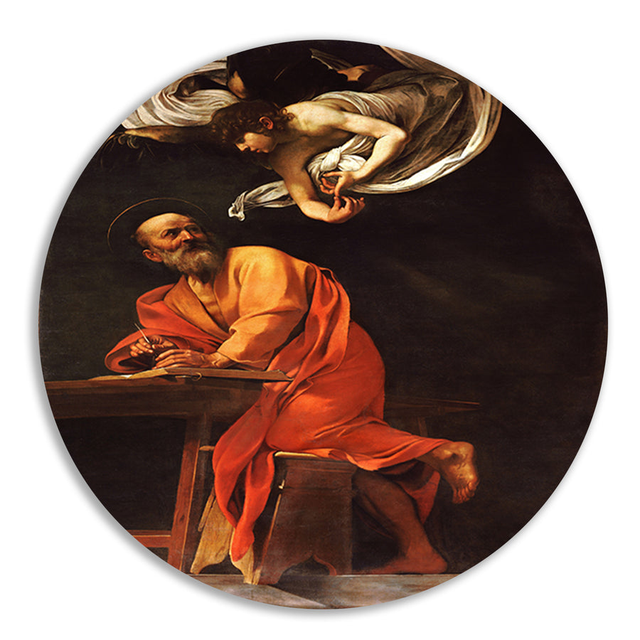 De inspiratie van Sint Matteüs - Caravaggio aluminium muurcirkel