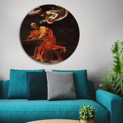 De inspiratie van Sint Matteüs - Caravaggio aluminium muurcirkel