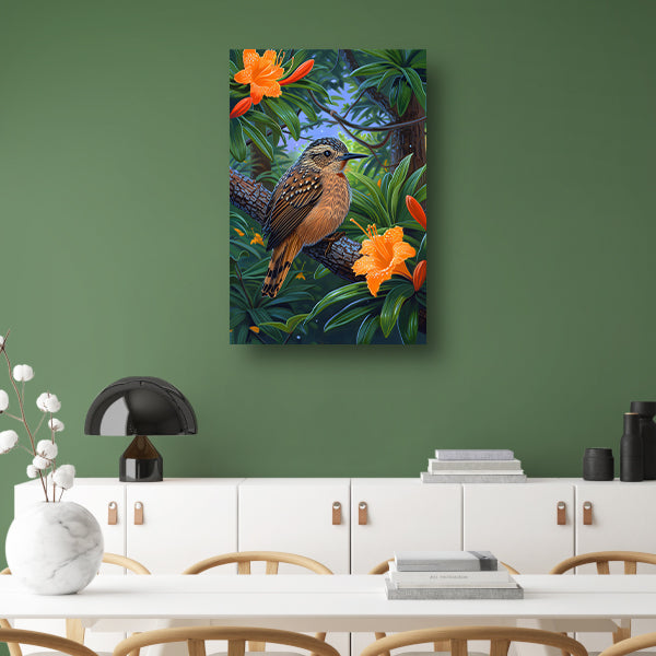 Realistisch vogel op tak met bloemen canvas