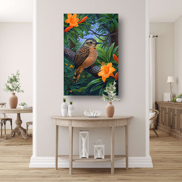 Realistisch vogel op tak met bloemen canvas