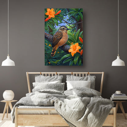 Realistisch vogel op tak met bloemen canvas