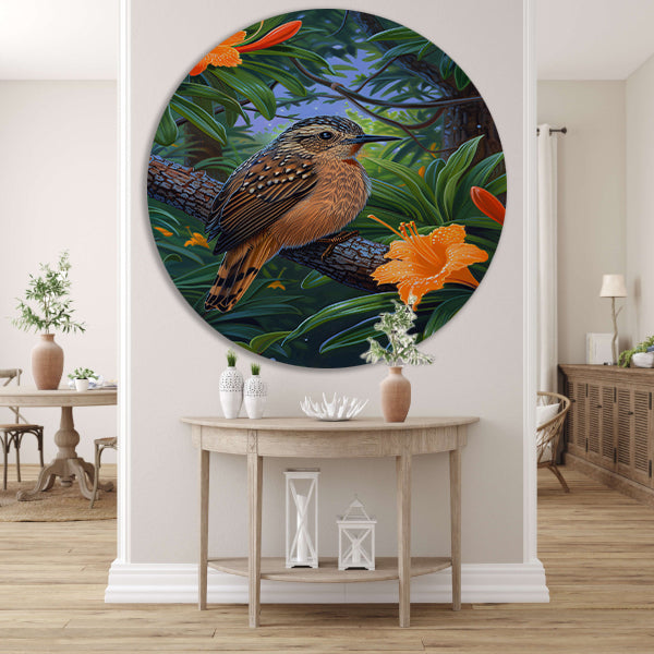 Realistisch vogel op tak met bloemen aluminium muurcirkel