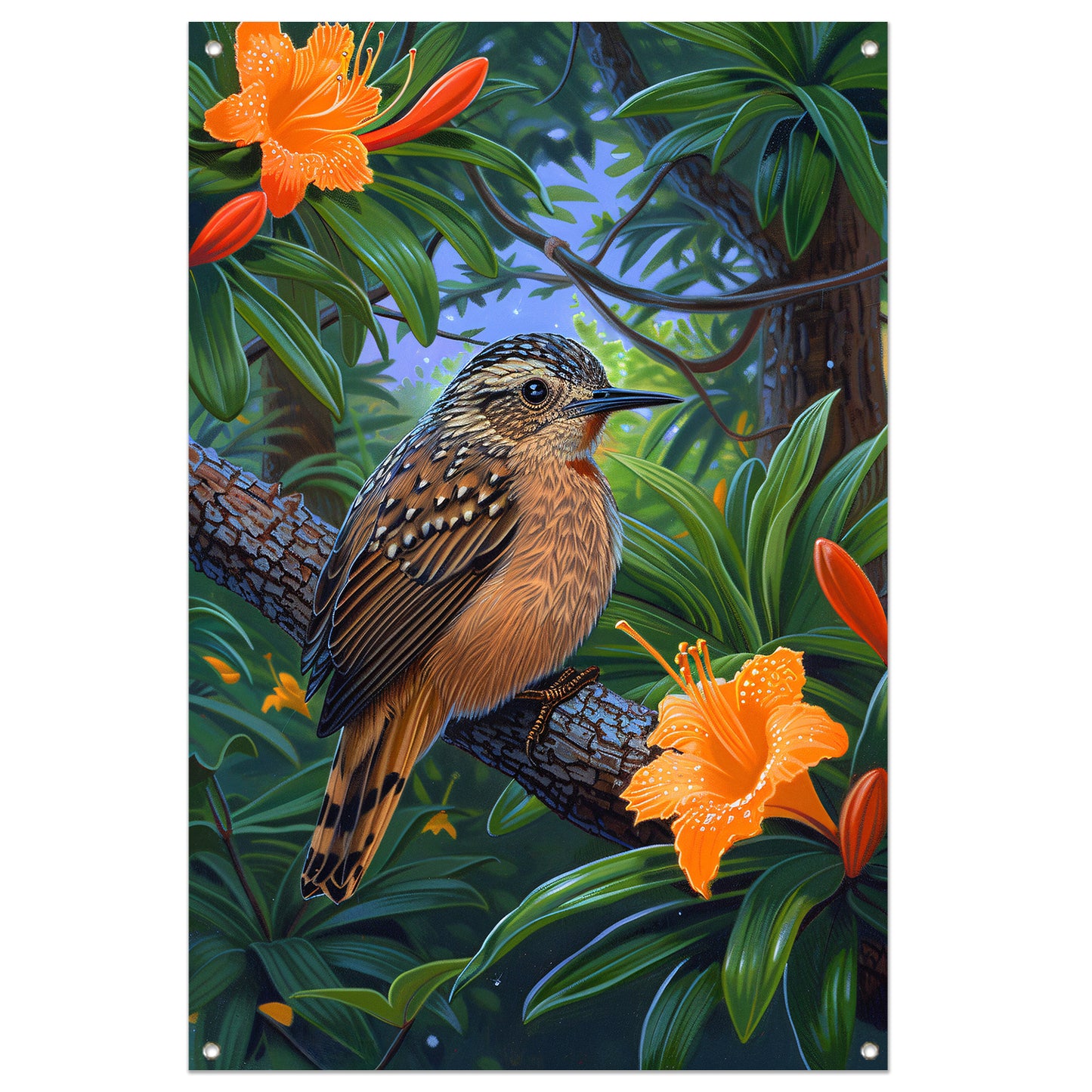 Realistisch vogel op tak met bloemen tuinposter