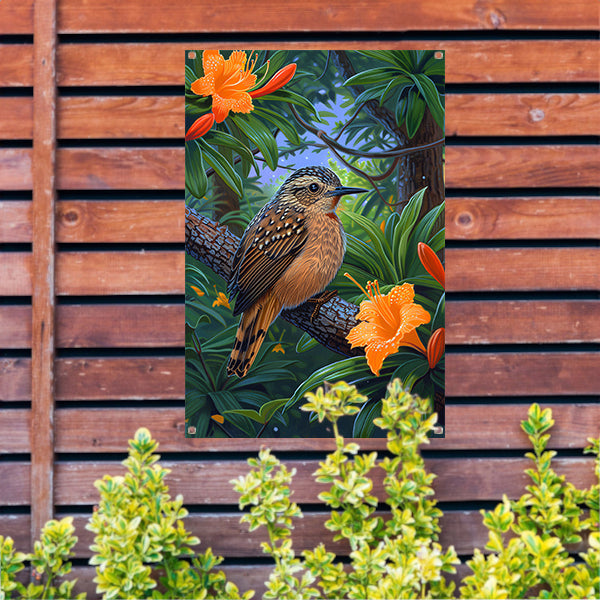 Realistisch vogel op tak met bloemen tuinposter