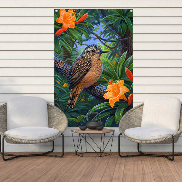 Realistisch vogel op tak met bloemen tuinposter