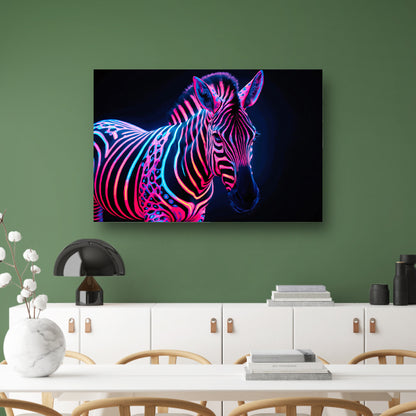 Futuristische neon zebra kunstafbeelding canvas met baklijst