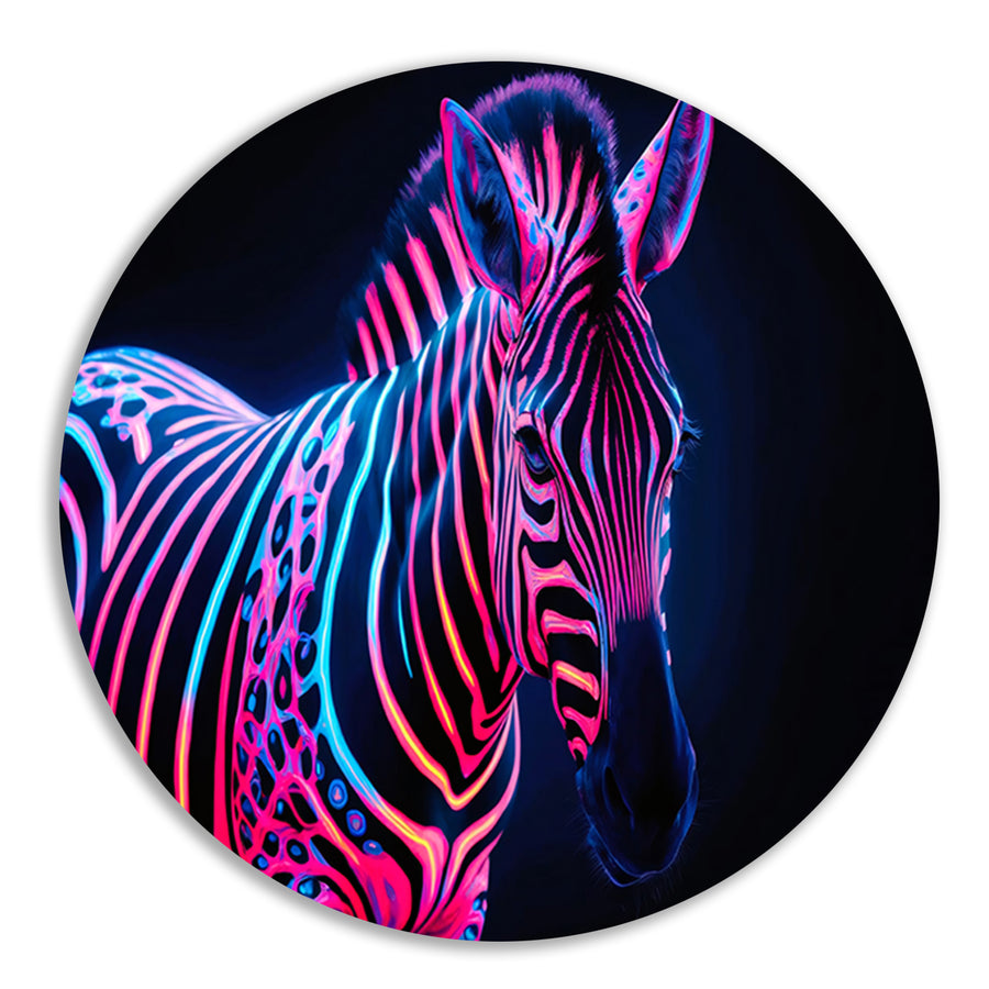 Futuristische neon zebra kunstafbeelding aluminium muurcirkel