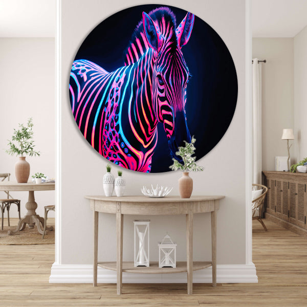 Futuristische neon zebra kunstafbeelding aluminium muurcirkel