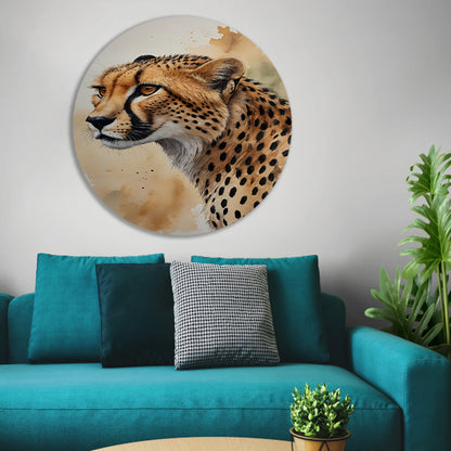 Waterverf Cheetah Portret in Kleur aluminium muurcirkel