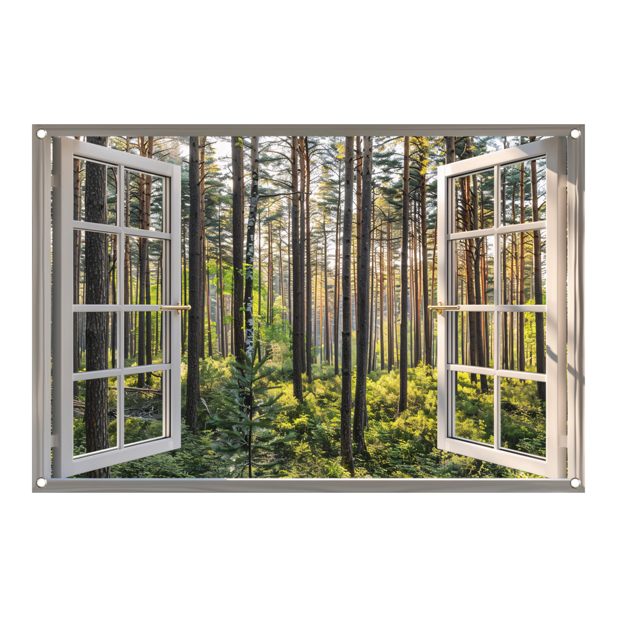 Open raam met uitzicht op een zonovergoten bos tuinposter