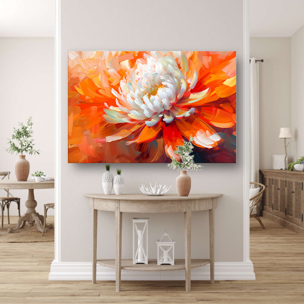 Abstracte schilderij van een oranje en witte bloem canvas