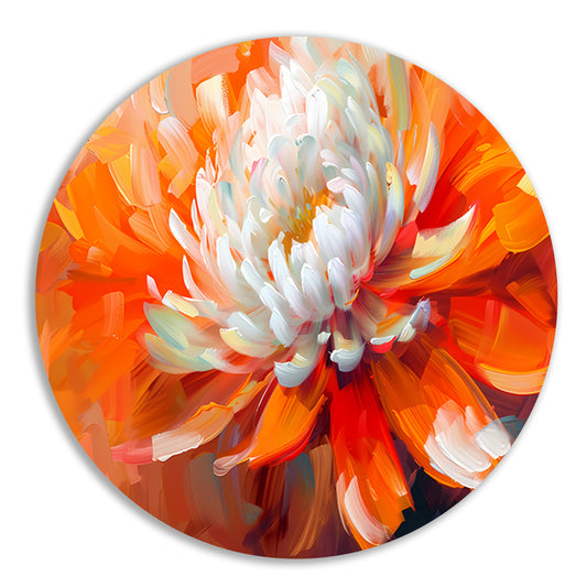 Abstracte schilderij van een oranje en witte bloem aluminium muurcirkel