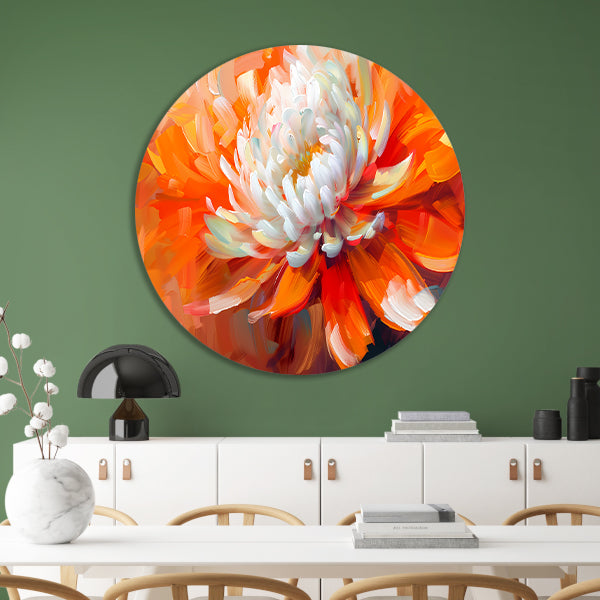 Abstracte schilderij van een oranje en witte bloem aluminium muurcirkel
