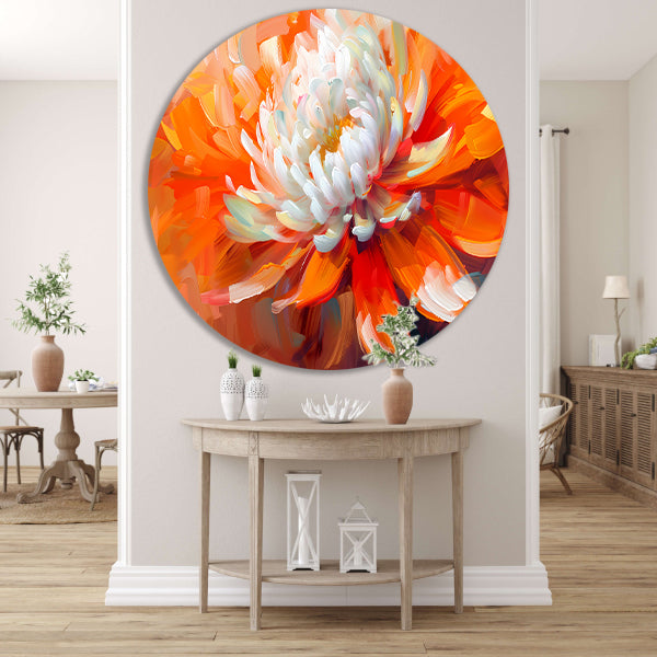 Abstracte schilderij van een oranje en witte bloem aluminium muurcirkel