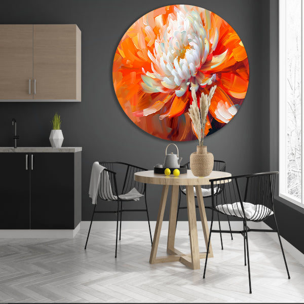 Abstracte schilderij van een oranje en witte bloem aluminium muurcirkel