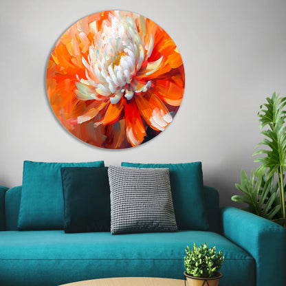 Abstracte schilderij van een oranje en witte bloem aluminium muurcirkel