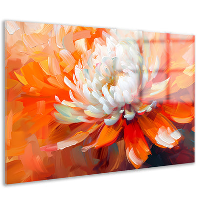Abstracte schilderij van een oranje en witte bloem acrylglas