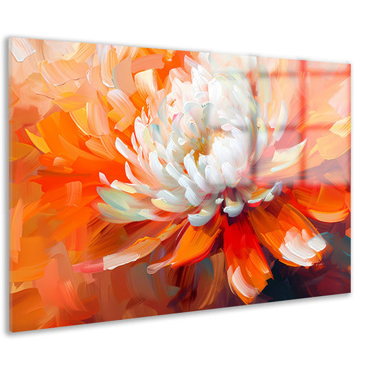 Abstracte schilderij van een oranje en witte bloem acrylglas