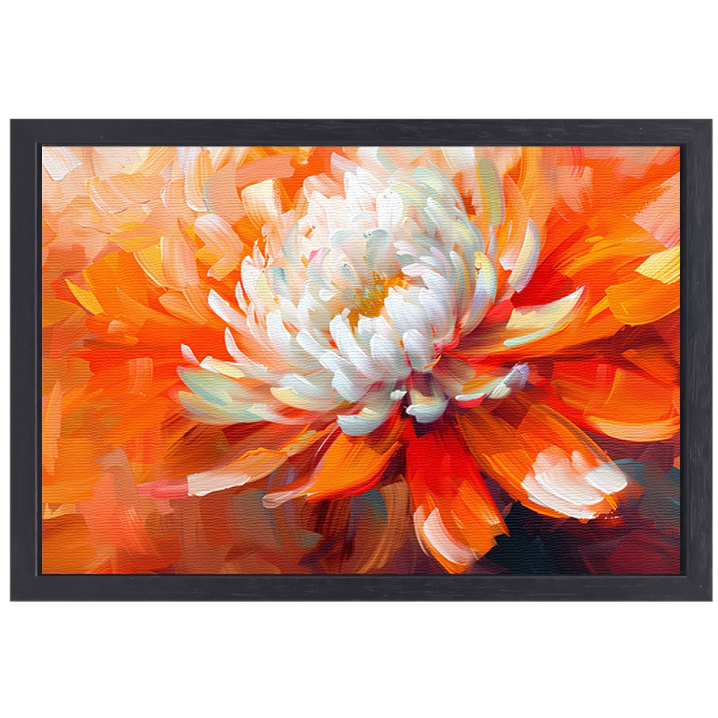 Abstracte schilderij van een oranje en witte bloem canvas met baklijst