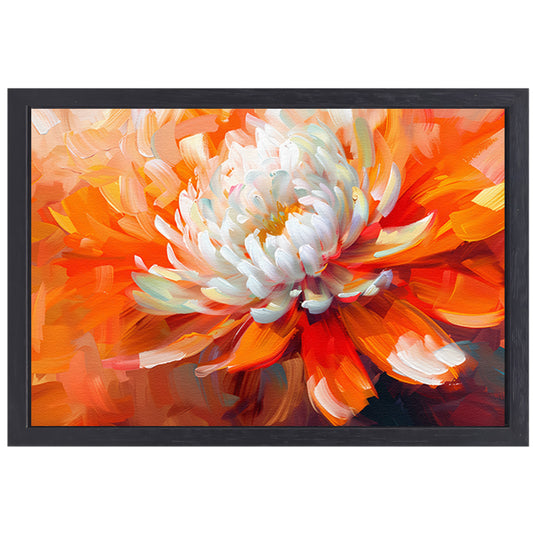Abstracte schilderij van een oranje en witte bloem canvas met baklijst