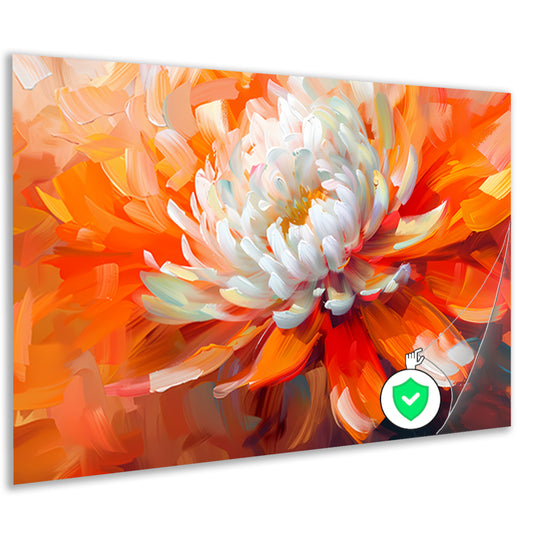 Abstracte schilderij van een oranje en witte bloem poster