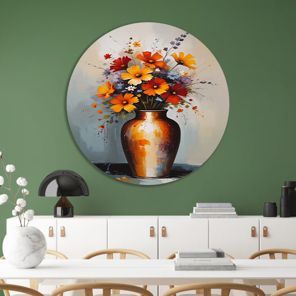 Moderne Impressionistische Bloemen in Vaas aluminium muurcirkel