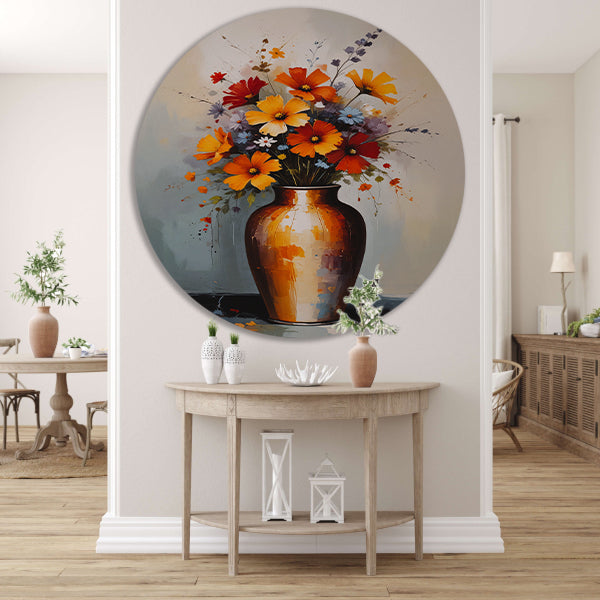 Moderne Impressionistische Bloemen in Vaas aluminium muurcirkel