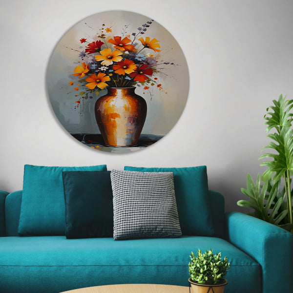 Moderne Impressionistische Bloemen in Vaas aluminium muurcirkel