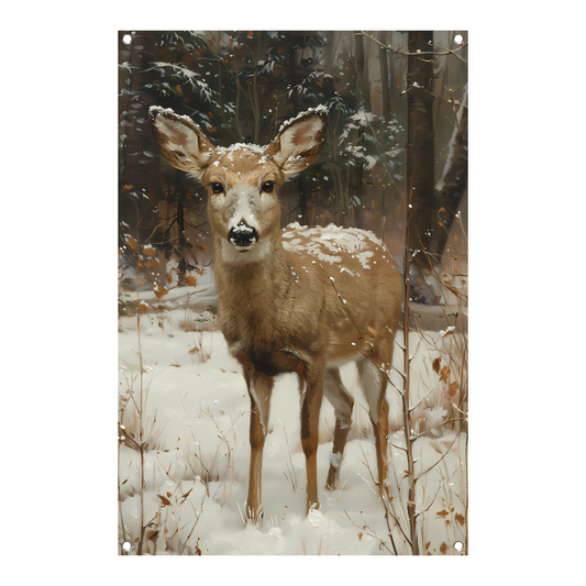 Realistisch schilderij van hert in besneeuwd bos tuinposter