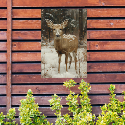 Realistisch schilderij van hert in besneeuwd bos tuinposter