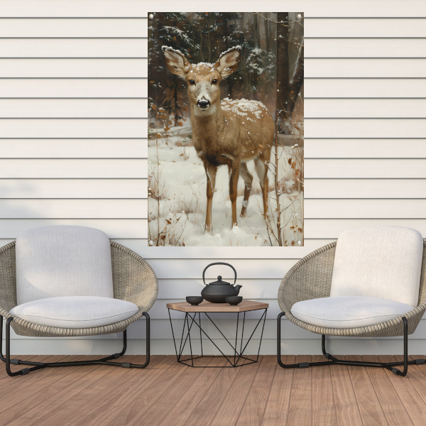 Realistisch schilderij van hert in besneeuwd bos tuinposter