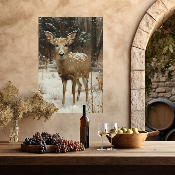 Realistisch schilderij van hert in besneeuwd bos tuinposter