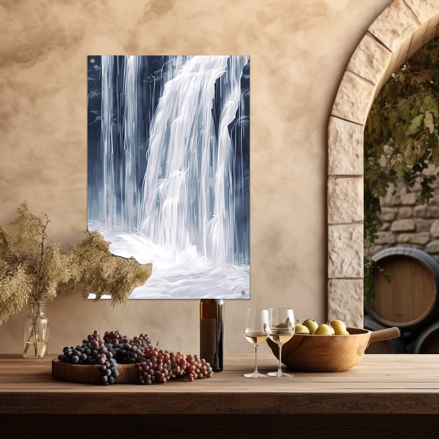 Digitale Kunst: Waterval in Monochrome Tinten tuinposter