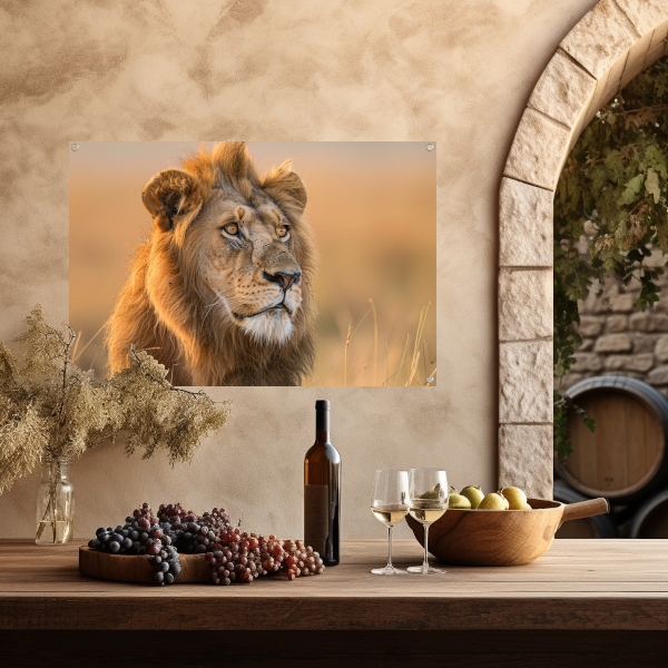 Majestueuze Leeuw in Gouden Avondlicht tuinposter
