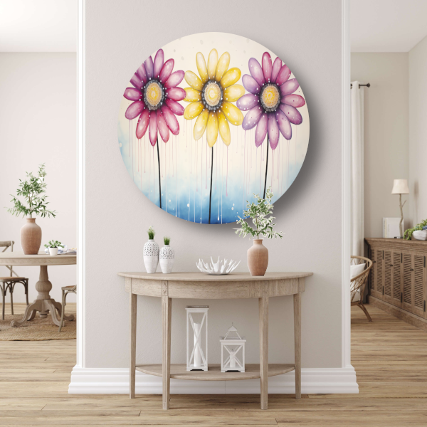 Blauwe bloemen op witte achtergrond aluminium muurcirkel