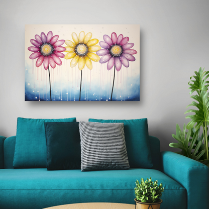 Blauwe bloemen op witte achtergrond canvas met baklijst