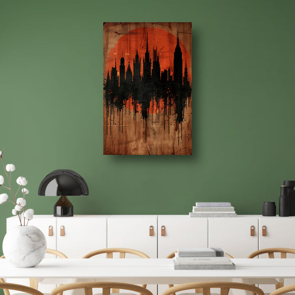 Moderne Abstracte Stadssilhouet met Oranje Zonsondergang poster