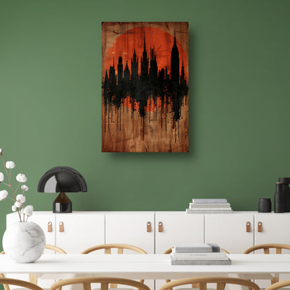 Moderne Abstracte Stadssilhouet met Oranje Zonsondergang poster