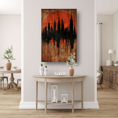 Moderne Abstracte Stadssilhouet met Oranje Zonsondergang poster