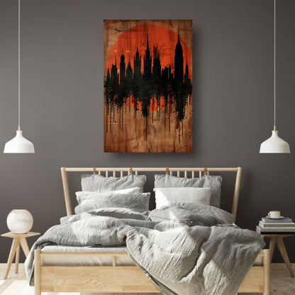 Moderne Abstracte Stadssilhouet met Oranje Zonsondergang poster
