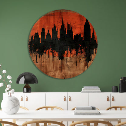 Moderne Abstracte Stadssilhouet met Oranje Zonsondergang aluminium muurcirkel