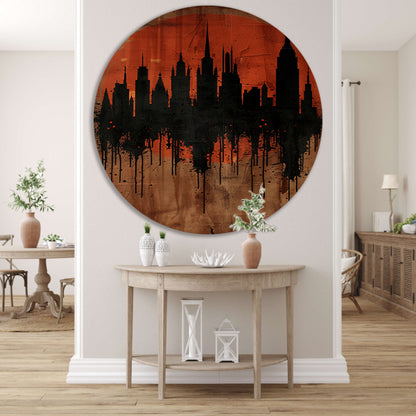 Moderne Abstracte Stadssilhouet met Oranje Zonsondergang aluminium muurcirkel