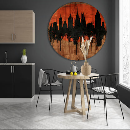 Moderne Abstracte Stadssilhouet met Oranje Zonsondergang aluminium muurcirkel