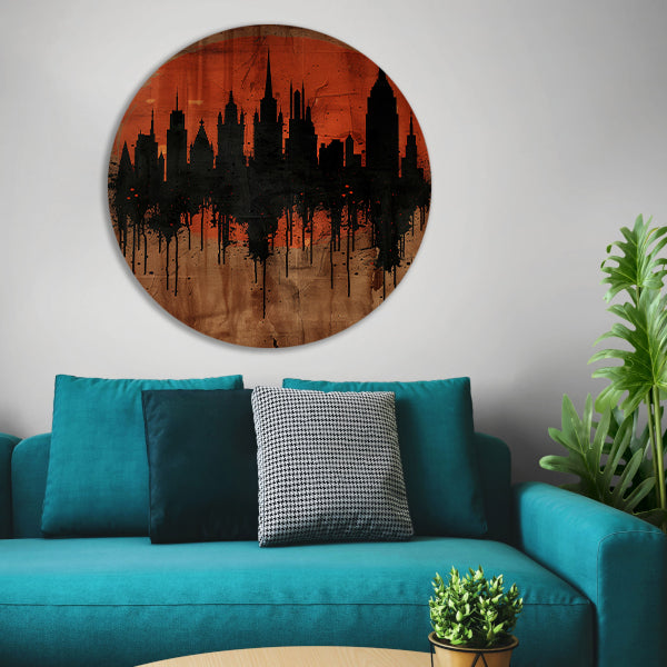 Moderne Abstracte Stadssilhouet met Oranje Zonsondergang forex muurcirkel
