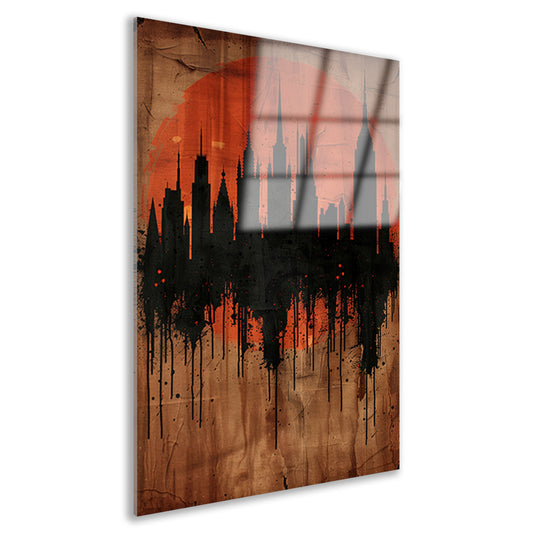 Moderne Abstracte Stadssilhouet met Oranje Zonsondergang acrylglas