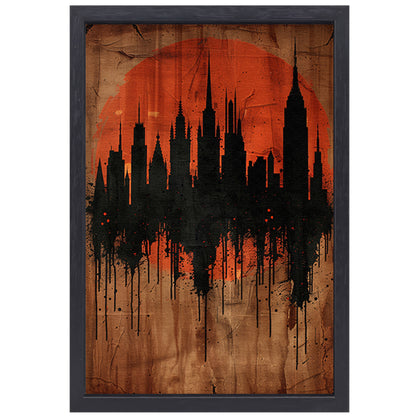 Moderne Abstracte Stadssilhouet met Oranje Zonsondergang canvas met baklijst