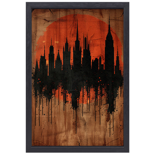 Moderne Abstracte Stadssilhouet met Oranje Zonsondergang canvas met baklijst