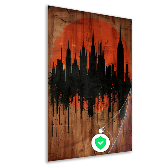 Moderne Abstracte Stadssilhouet met Oranje Zonsondergang poster
